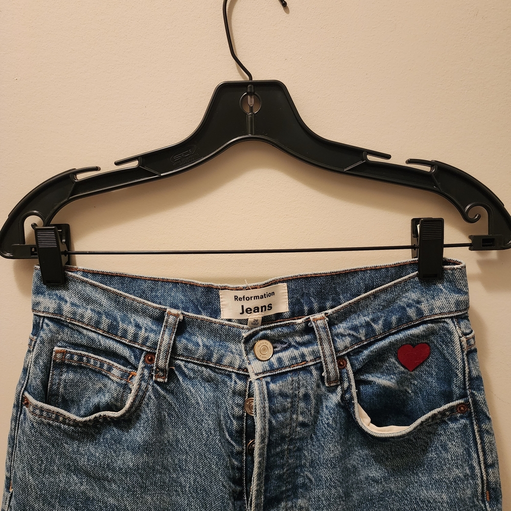 Reformation Blue Women's Jeans with Heart Detail ❤️